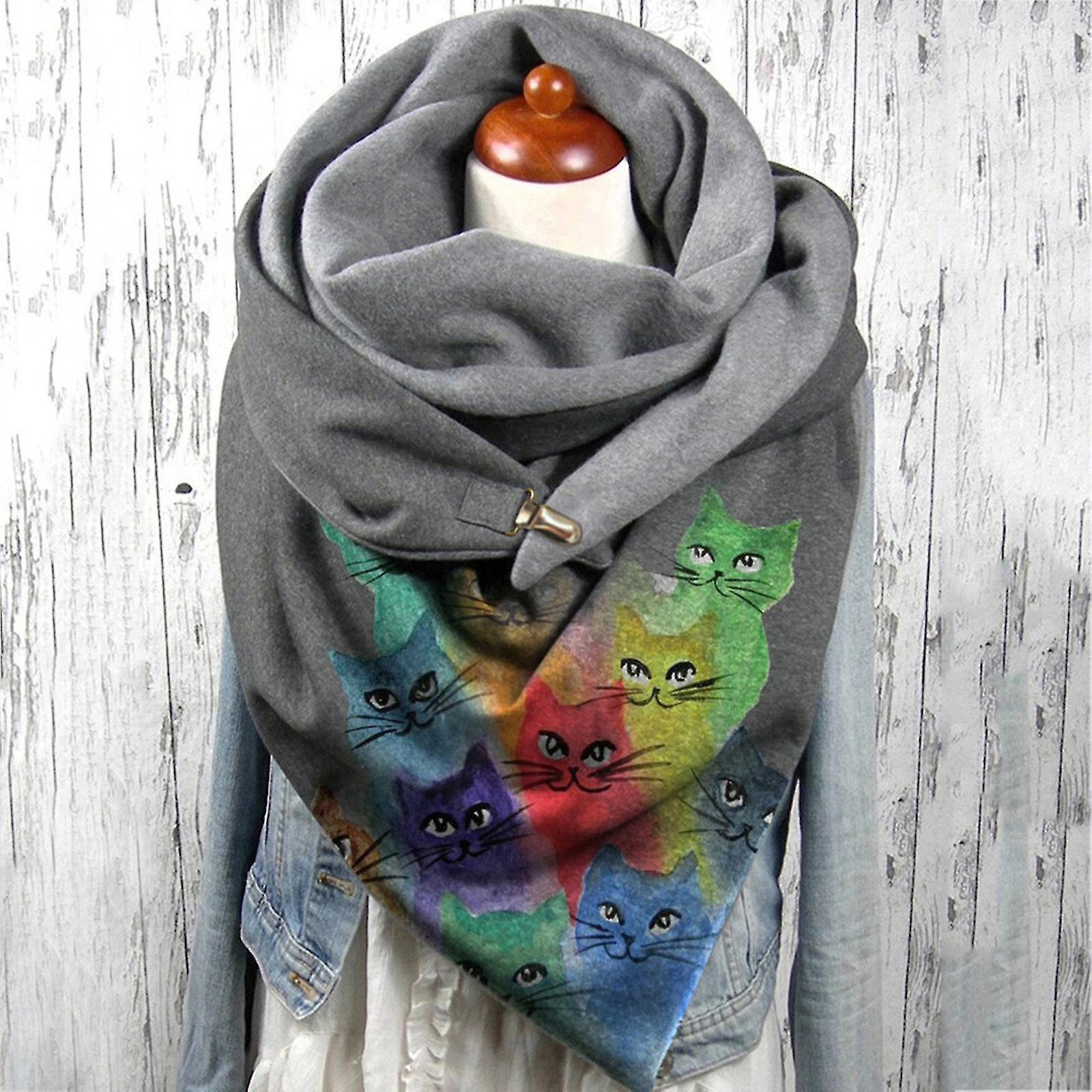 Women Casual Cat Printing Scarf Fashion Retro Multi-purpose Shawl Button Scarf