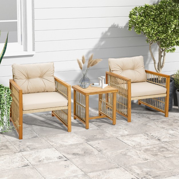 Costway 3pcs Patio Pe Wicker Conversation Set Acacia Wood Frame Withseat amp Back Cushions