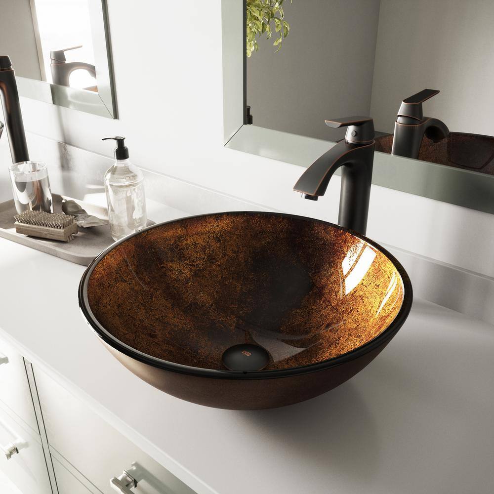 VIGO Glass Round Vessel Bathroom Sink in Russet Brown with Linus Faucet and Pop-Up Drain in Antique Rubbed Bronze VGT504