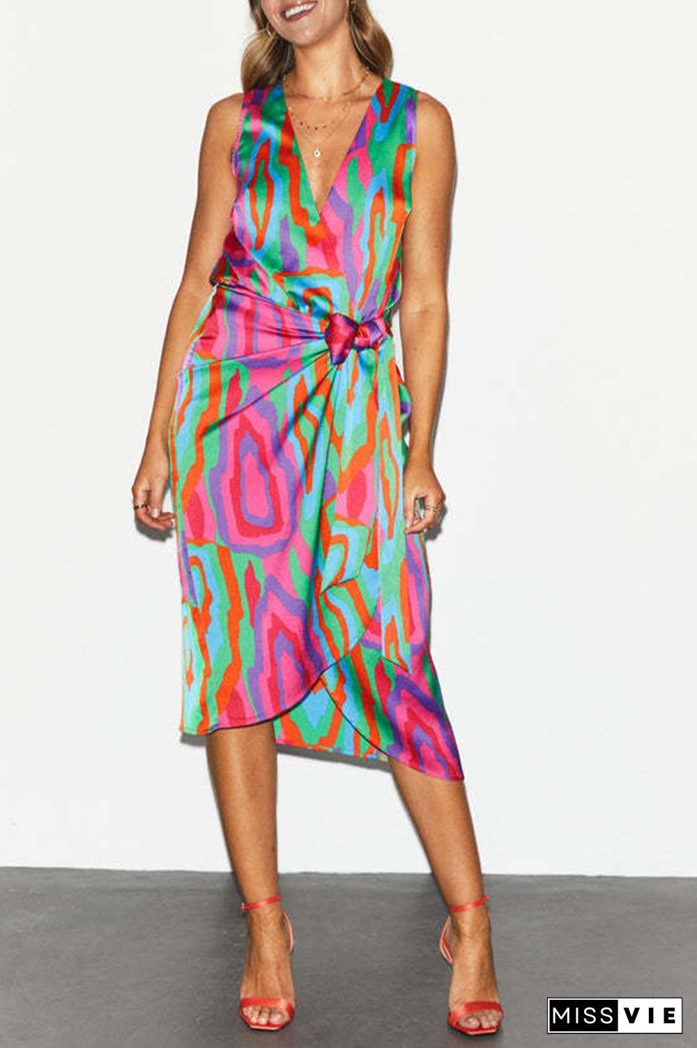 Casual Print Split Joint V Neck Waist Skirt Dresses