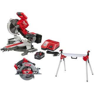 MW M18 FUEL 18V 10 in. Lithium-Ion Brushless Cordless Dual Bevel Sliding Compound Miter Saw Kit w Circular Saw  Stand 2734-21-2732-20-48-08-0551