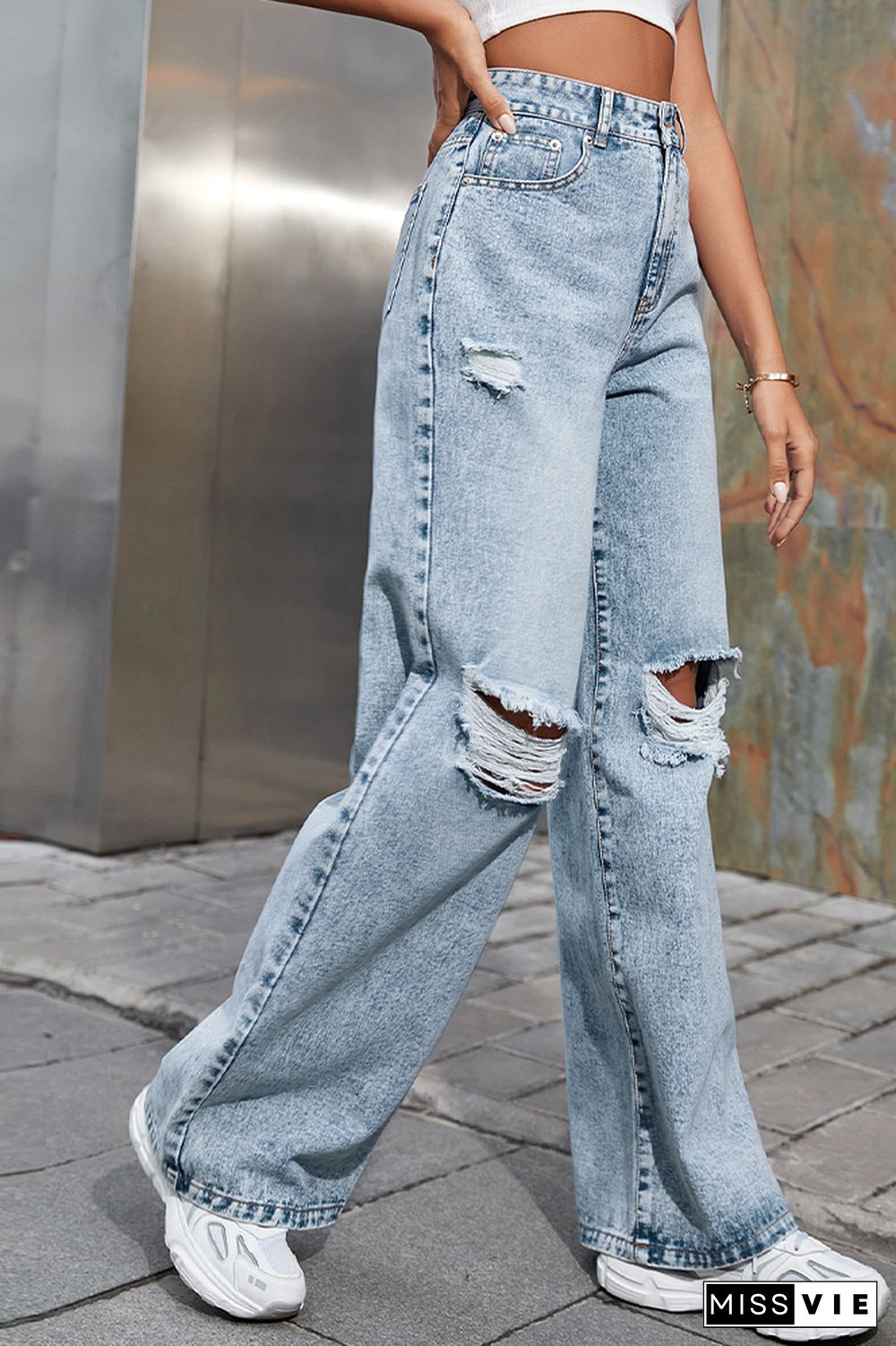 Plain Ripped High Waist Straight Jeans