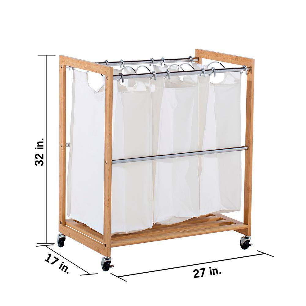 TRINITY EcoStorage 3-Bag Rolling Bamboo Laundry Cart TBFZ-2102
