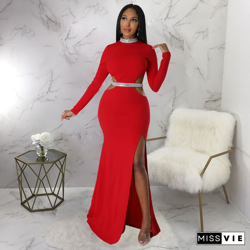 Sexy Cut Out Long Sleeve High Slit Evening Dresses