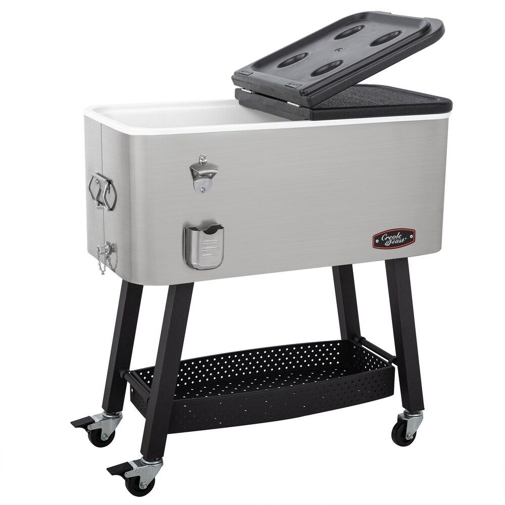 Creole Feast CL8001S 80 Quart Portable Cold Drink Beverage Premium Rolling Cooler  Silver
