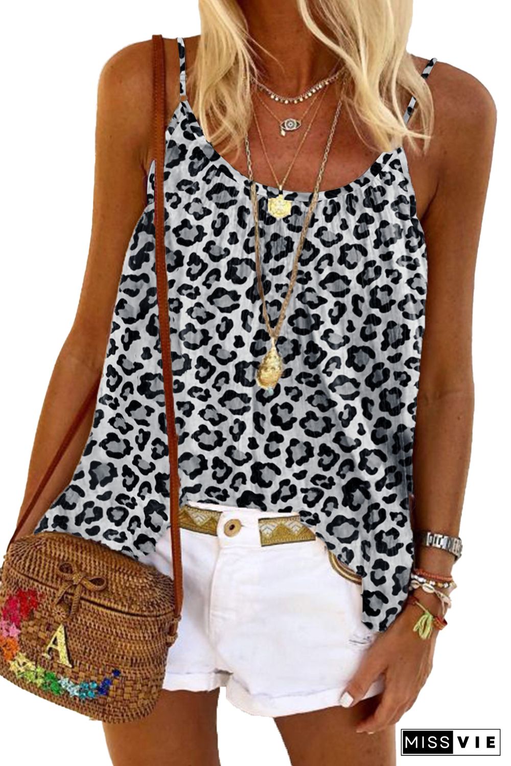 Leopard Print Spaghetti Strap Pleated Flowing Tank Top