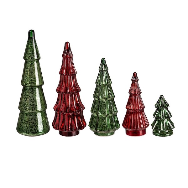 15 in. LED Colored Glass Tree Table Decor Set，Green and Red