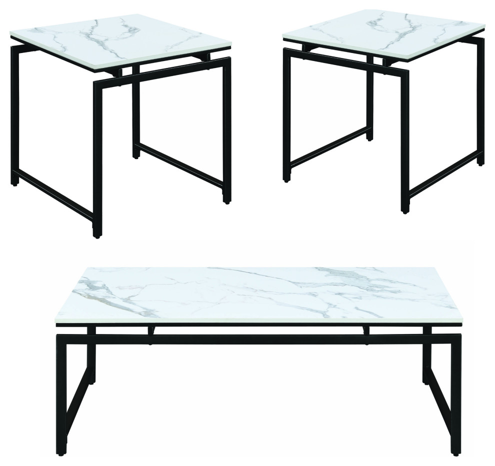 Benzara BM196797 3 Piece Metal Base Occasional Table Set   Black  ampWhite   Transitional   Coffee Table Sets   by Uber Bazaar  Houzz