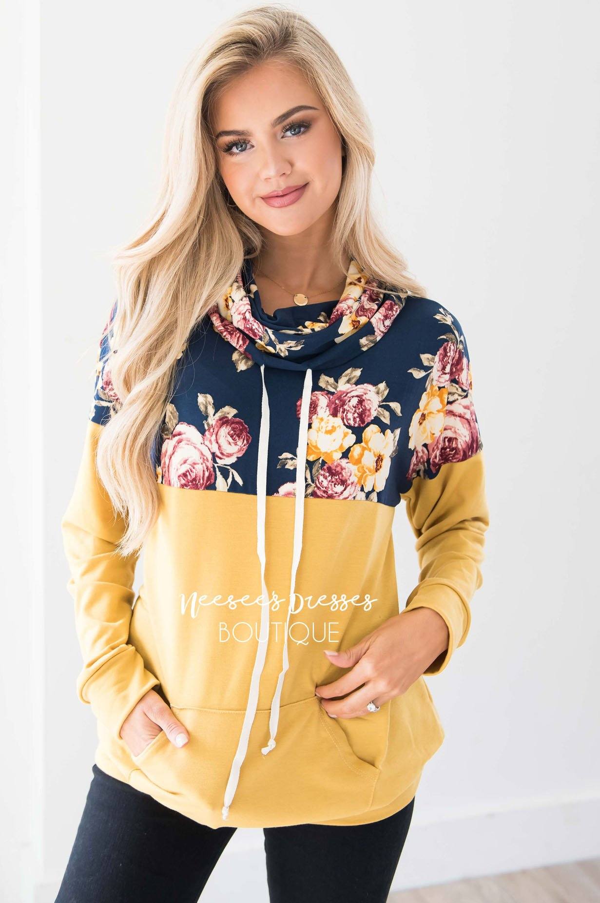 Floral Top Mustard Cowl Neck Sweater