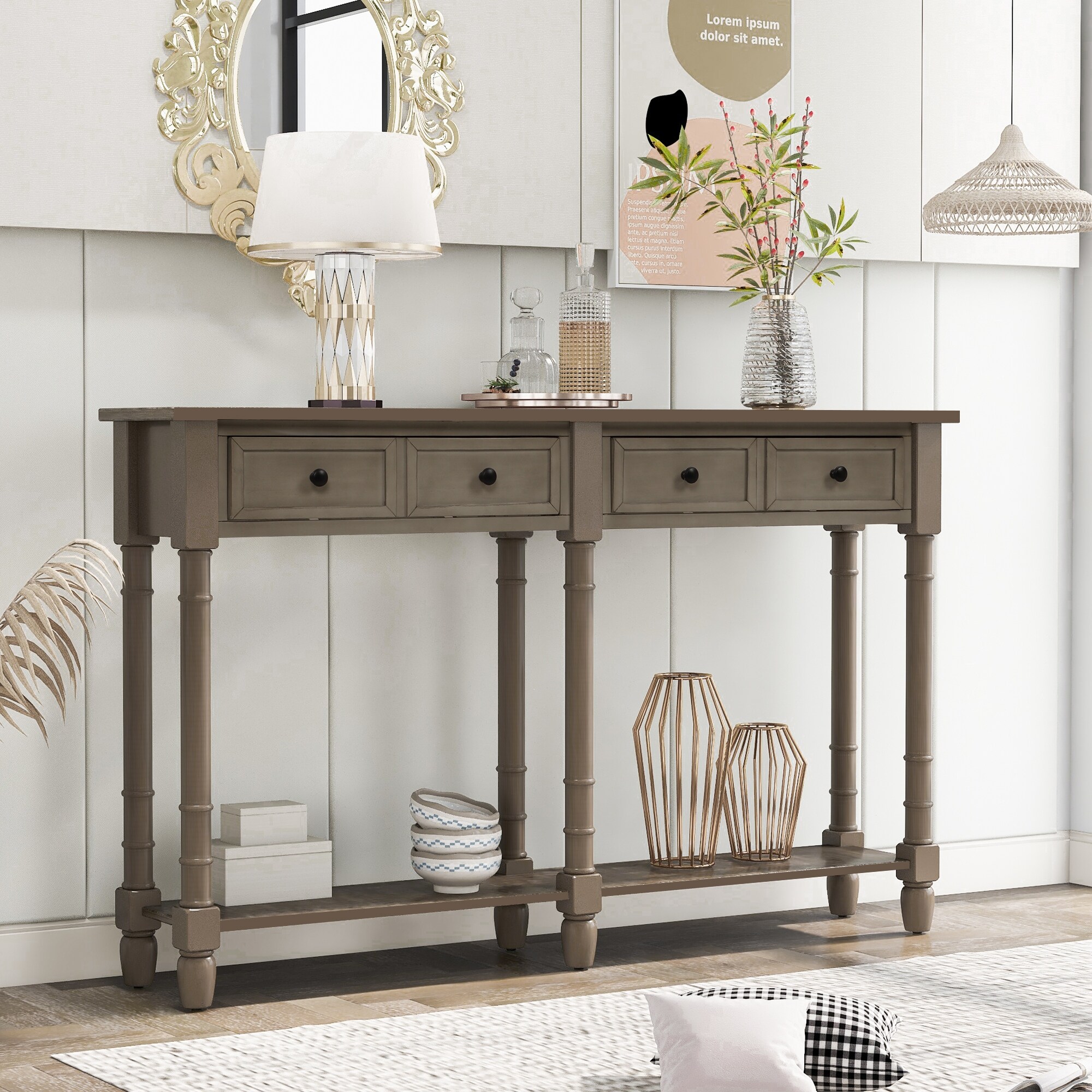 Rustic Console Table with 2 Storage Drawers and Round Deco Knob， Sofa Table with 1 Bottom Storage Shelf， Gray Wash