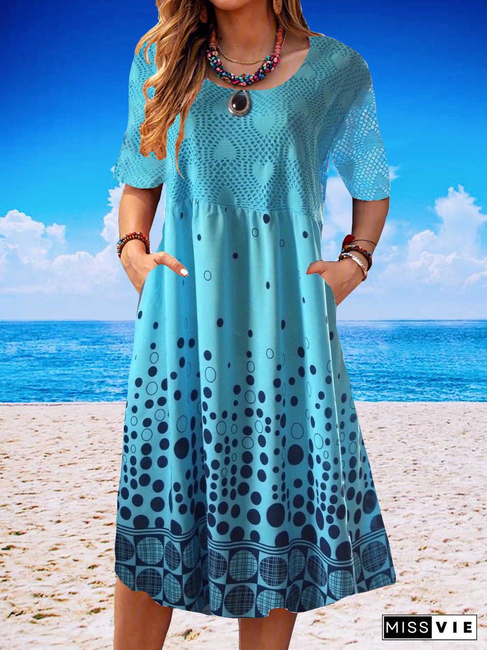 Women Casual Short Sleeve Scoop Neck Polka Dot Lace Midi Dress