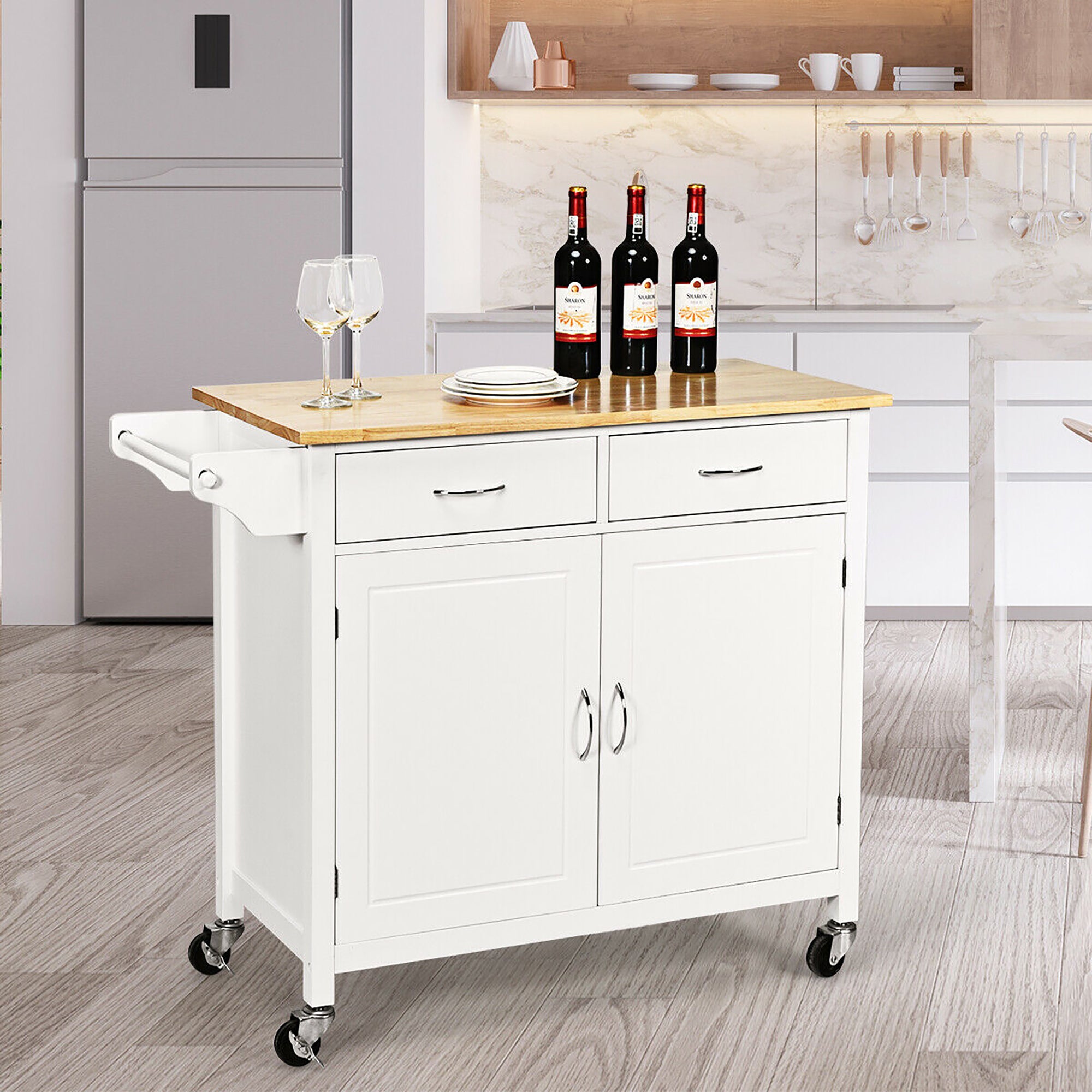 Costway Rolling Kitchen Cart Island Wood Top Storage Trolley Cabinet Utility Modern