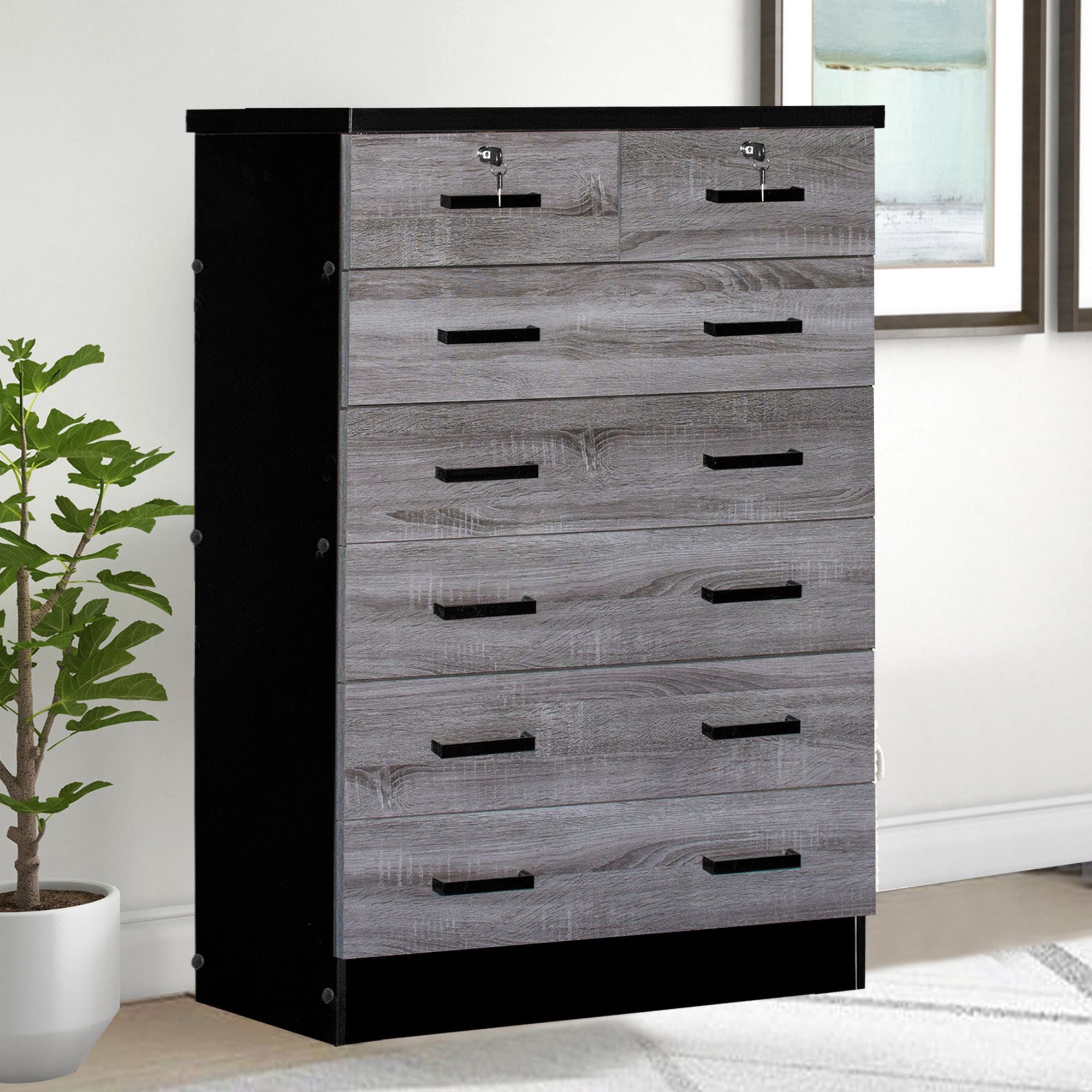 Better Home Products WC-7-GRY-BLK Cindy 7 Drawer Chest Wooden Dresser& Gray & Black