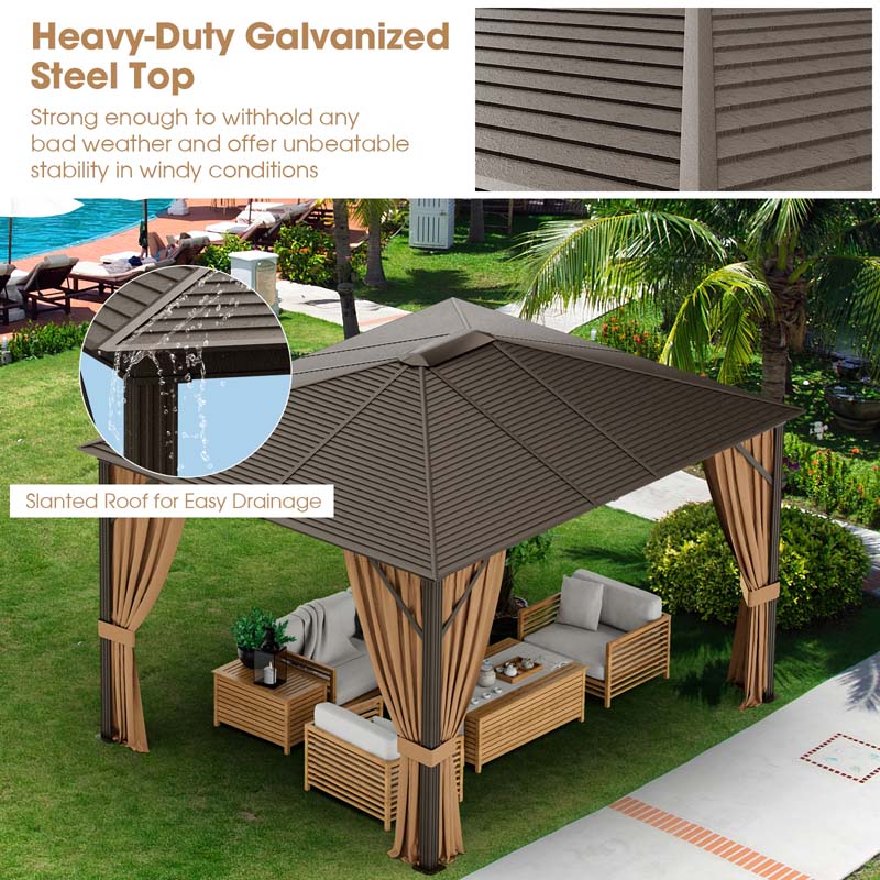 10 x 12 FT Hardtop Gazebo with Netting, Outdoor Patio Metal Gazebo with Galvanized Steel Roof