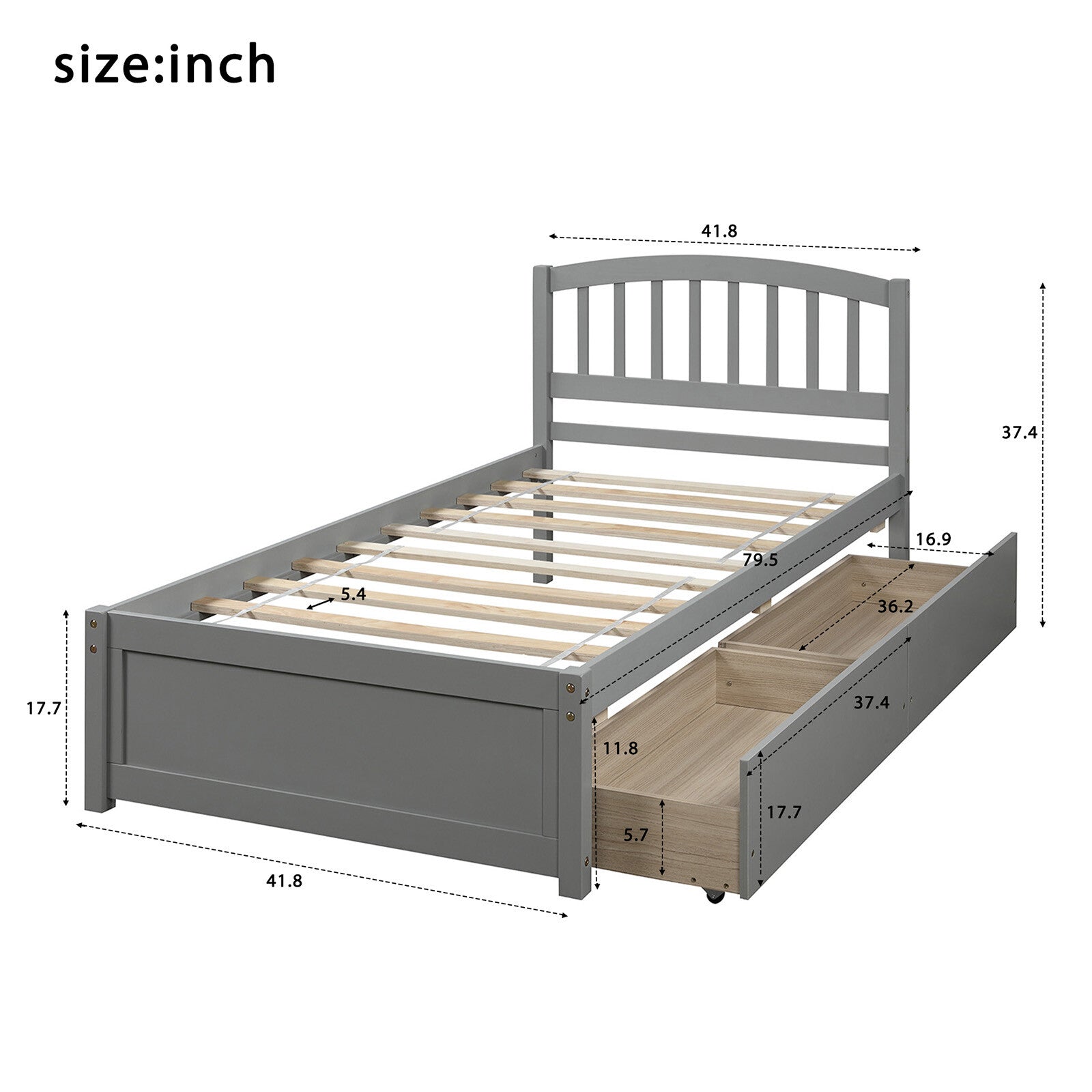 WEIKABU Wood Platform Storage Bed Frame with 2 Drawers and Headboard, Twin Size, Gray