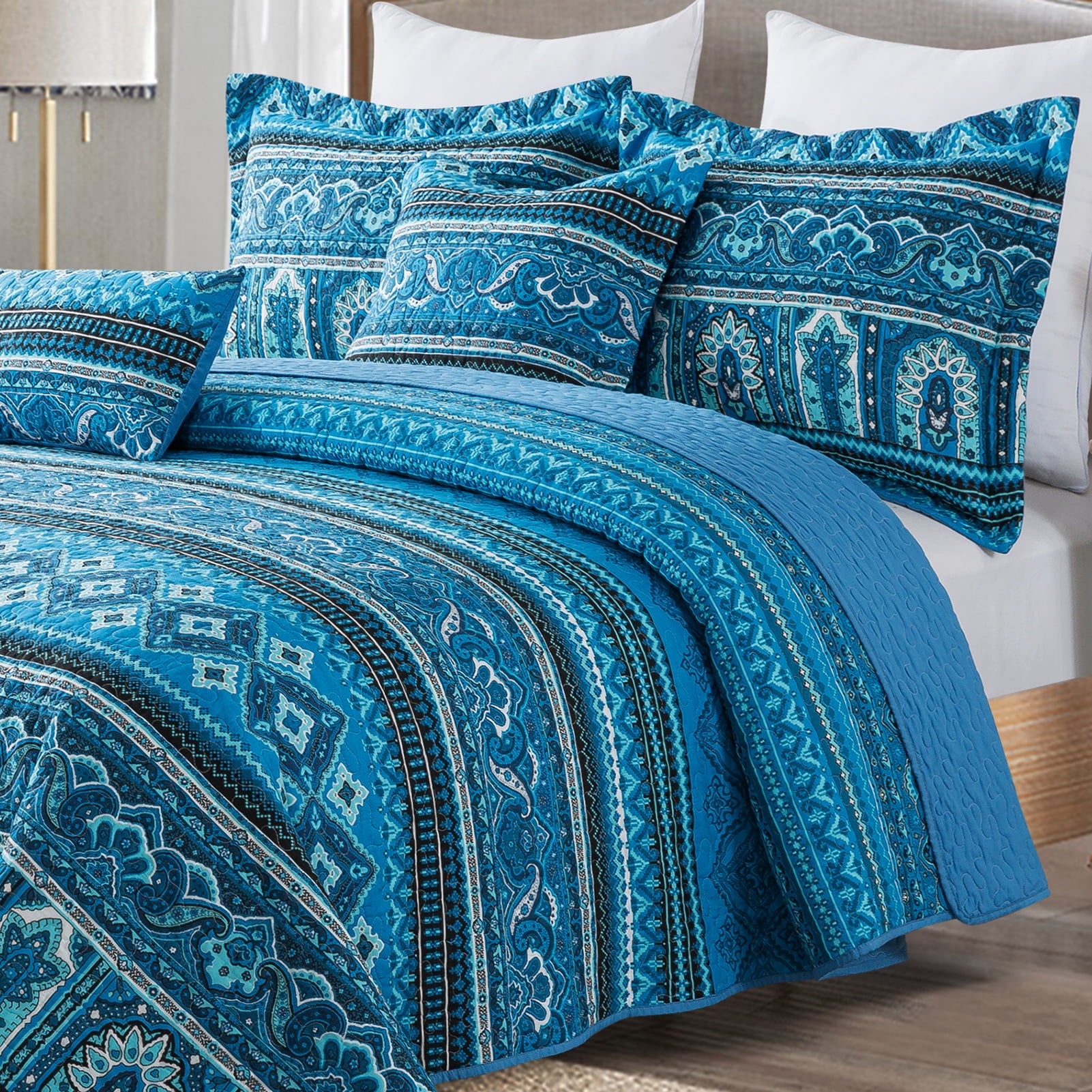 TWINRUN Queen Quilts Bedding Sets with Pillow Shams, Lightweight Bedspread Coverlet for Summer, Reversible Bohemian Quilt Bedding Sets, Teal/Blue, Queen Size