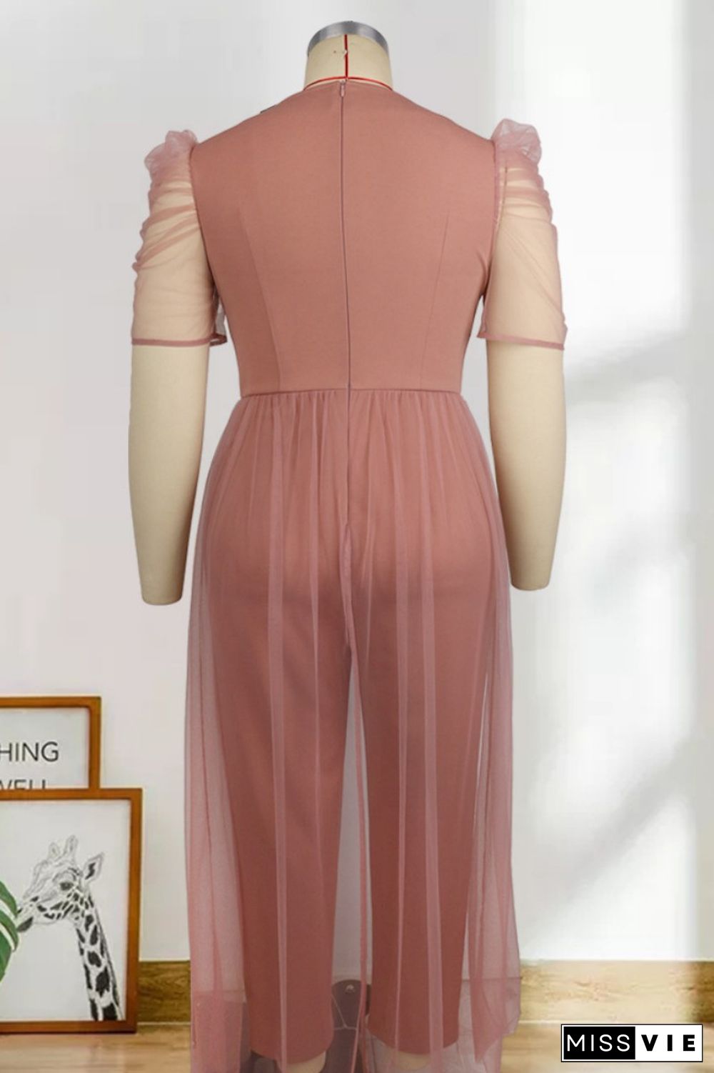 Light Pink Casual Solid Patchwork V Neck Plus Size Jumpsuits