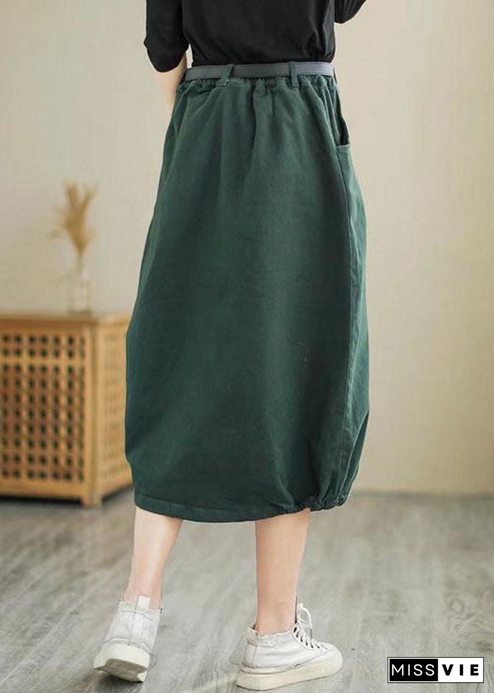 Art Army Green Pockets Cotton Loose Skirt Spring