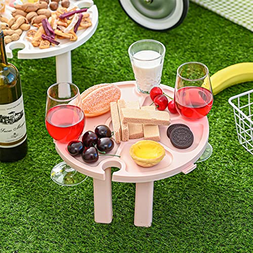 DATING Portable Picnic Table with Wine Glass Holder， Outdoor Plastic Foldable Wine Table 2 in 1 Wine Glass Rack and Snacks Dish， Creative Picnic Accessories for Outdoor Camping， Beach and Park (White)