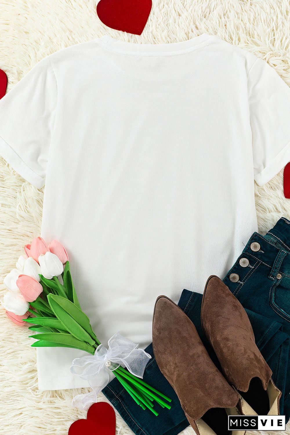 White Valentine'S Western Fashion Day Heart Print T-Shirt