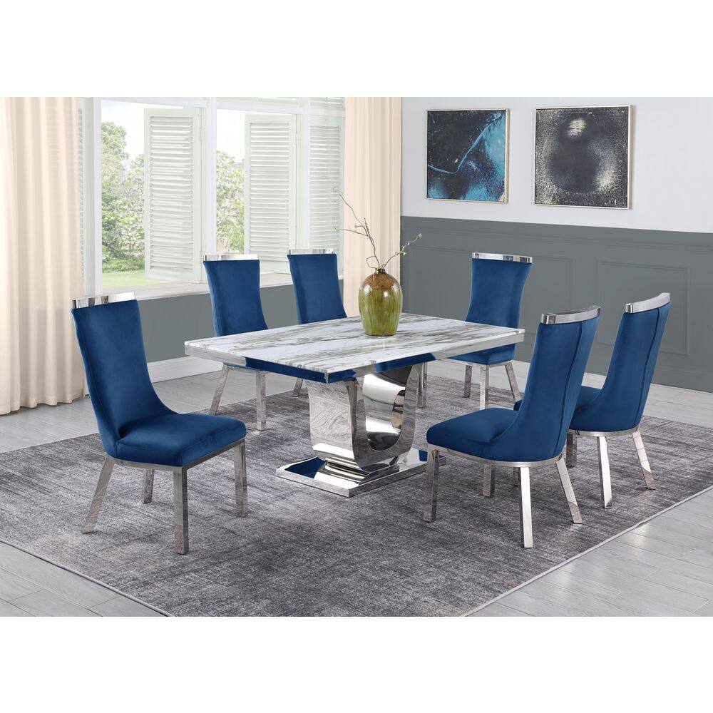 Best Quality Furniture Ada 7-Piece White Marble Top with Stainless Steel Base Table Set with 6-Navy Blue Velvet Chairs D14-6SC271