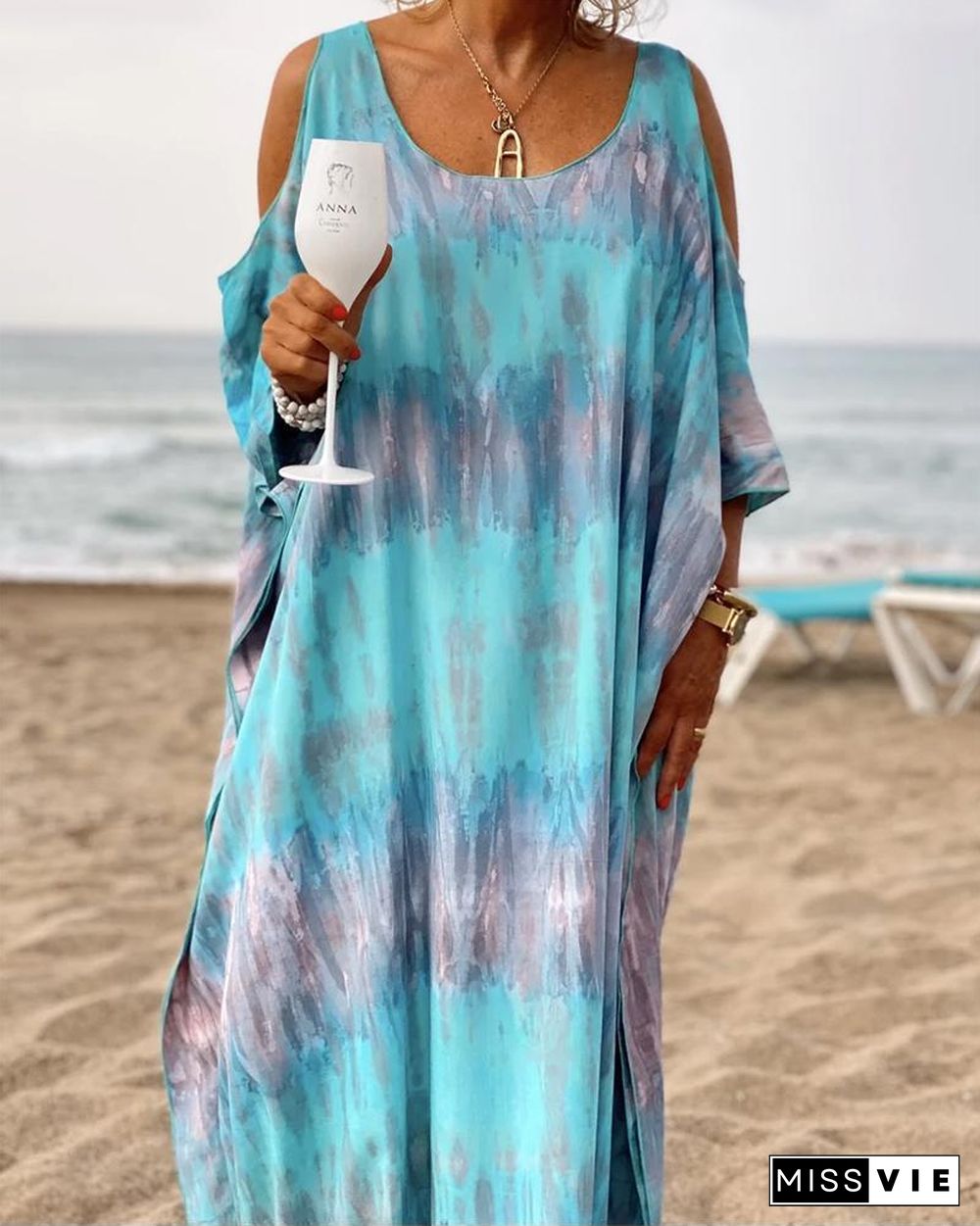 Tie-Dye Print Cold Shoulder Batwing Sleeve Maxi Dress P10008