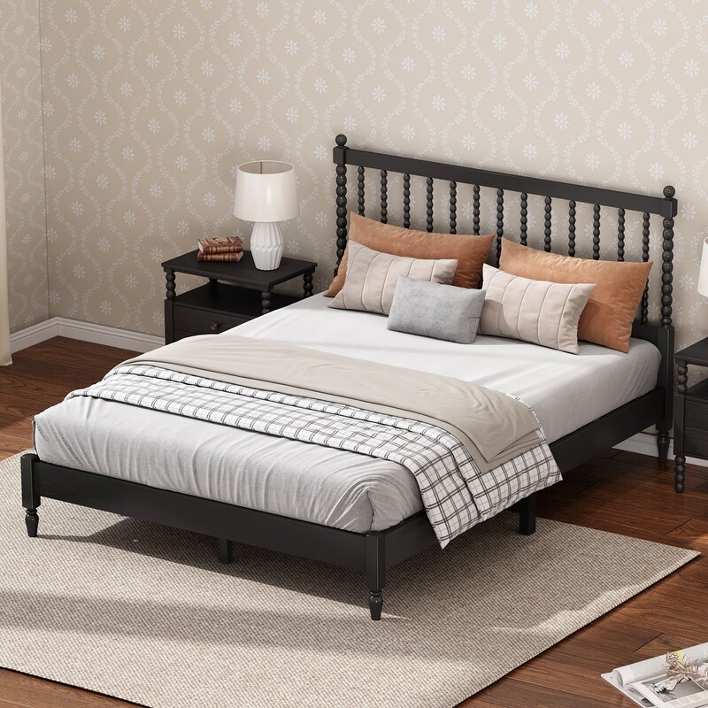 Classic 1/3 Pieces Bedroom Sets  Queen/King Size Wood Platform Bed with Gourd Shaped Headboard and Two 2 Drawer Nightstands