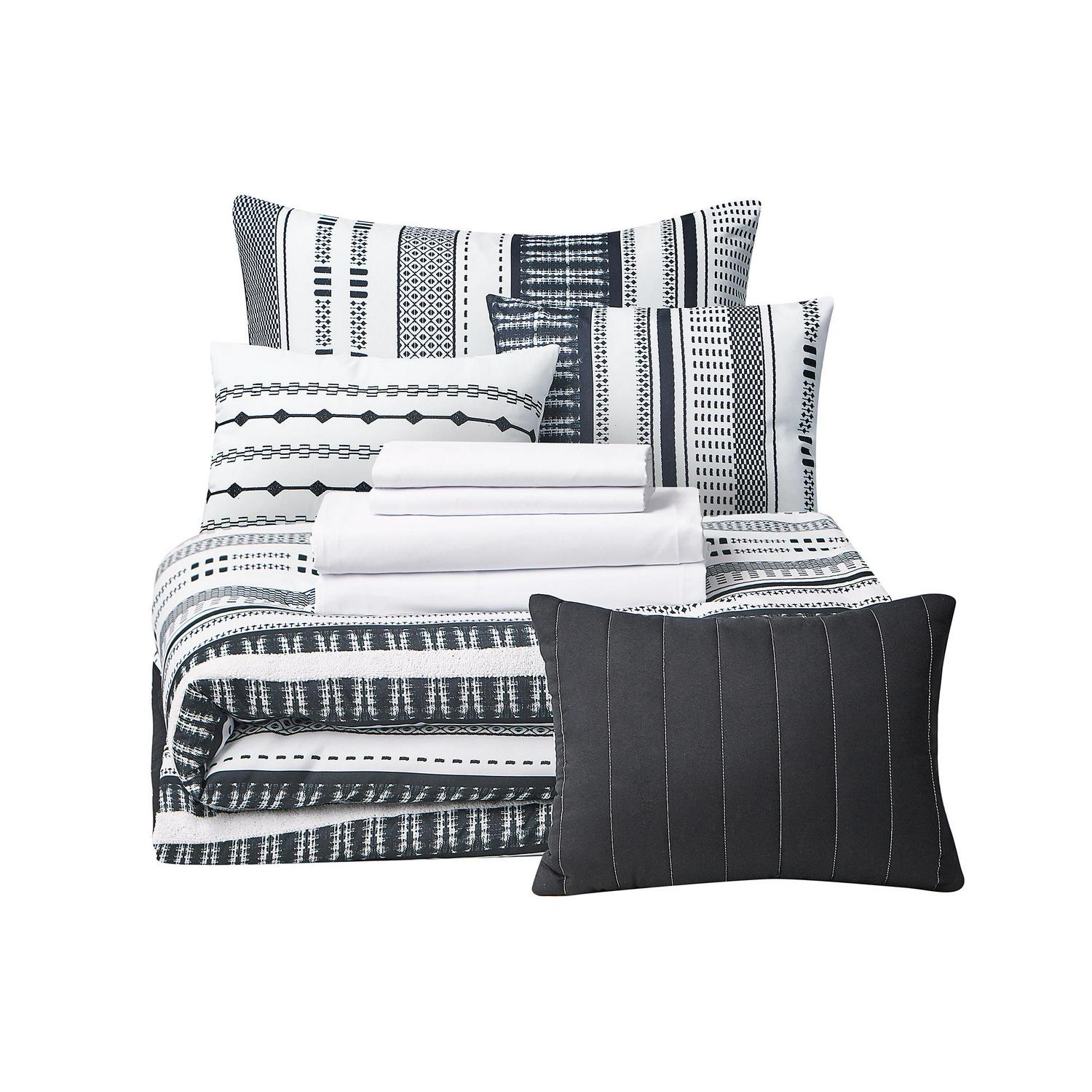 Mainstays Black and White Stripe 10 Piece Bed in a Bag with Sheets and 3 DecPillows， Queen