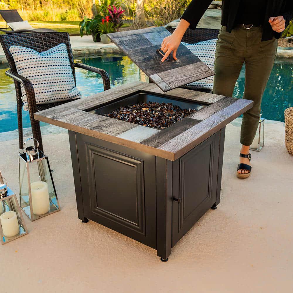 FIRE ISLAND 30 in W x 246 in H Square Steel UV Printed Propane Rustic Wood Oil Rubbed Bronze Look Fire Pit Base 50K BTU Burner