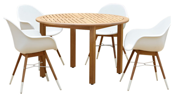 Amazonia Michelle Round 5 Piece Teak Finish Patio Dining Set   Midcentury   Outdoor Dining Sets   by Amazonia  Houzz