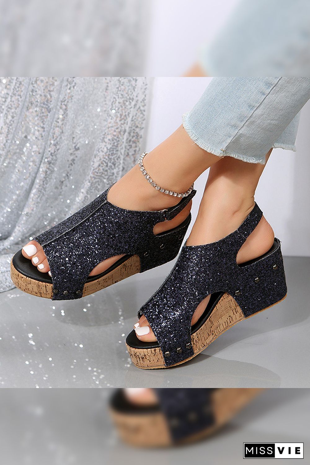 Bling Glitter Rivet Wedge Sandals