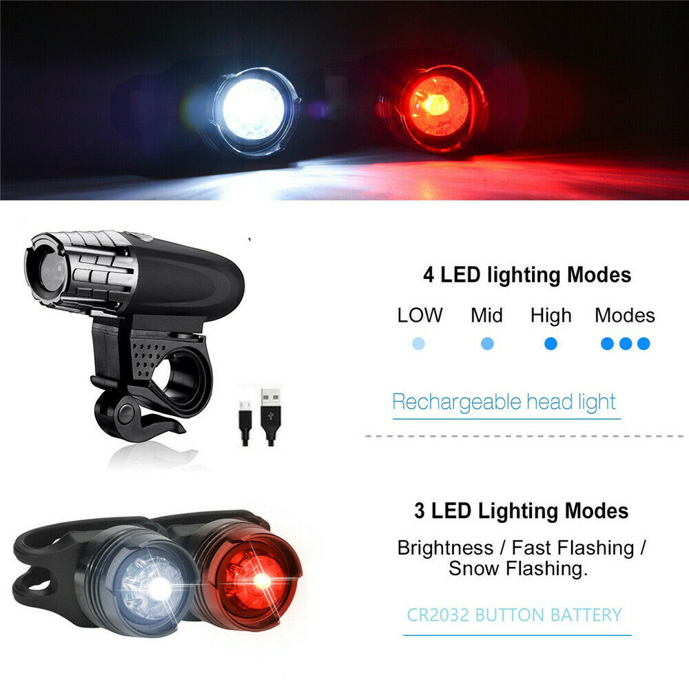 USB Rechargeable Bright LED Bicycle Bike Front Headlight and Rear Tail Light Set