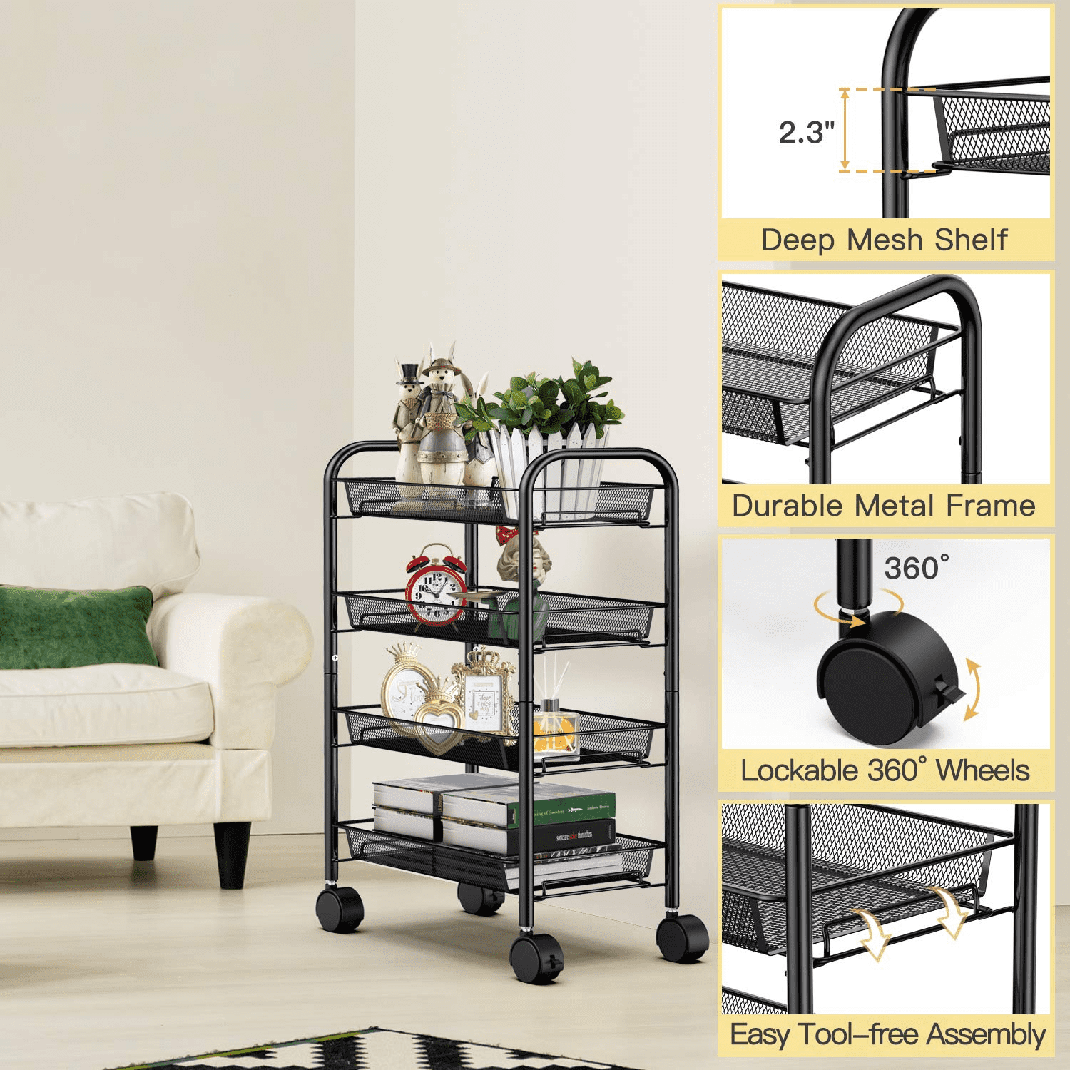 4 Tier Metal Mesh Rolling Utility Cart Storage Cart Kitchen Cart  for Home Kitchen Organizer， Black