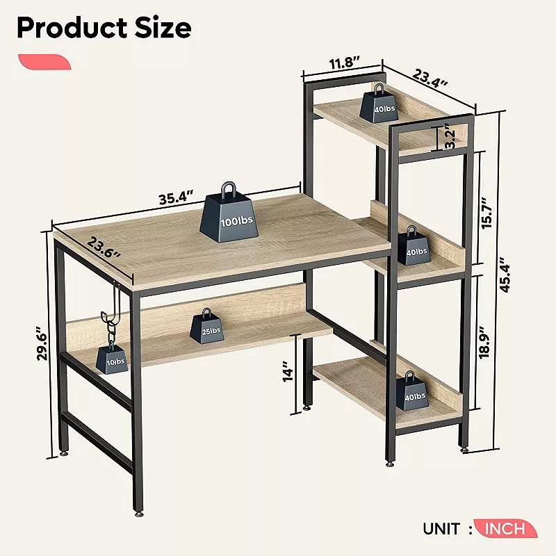 Bestier Computer Office Desk Workstation with Side Storage Shelves and Hook， Oak