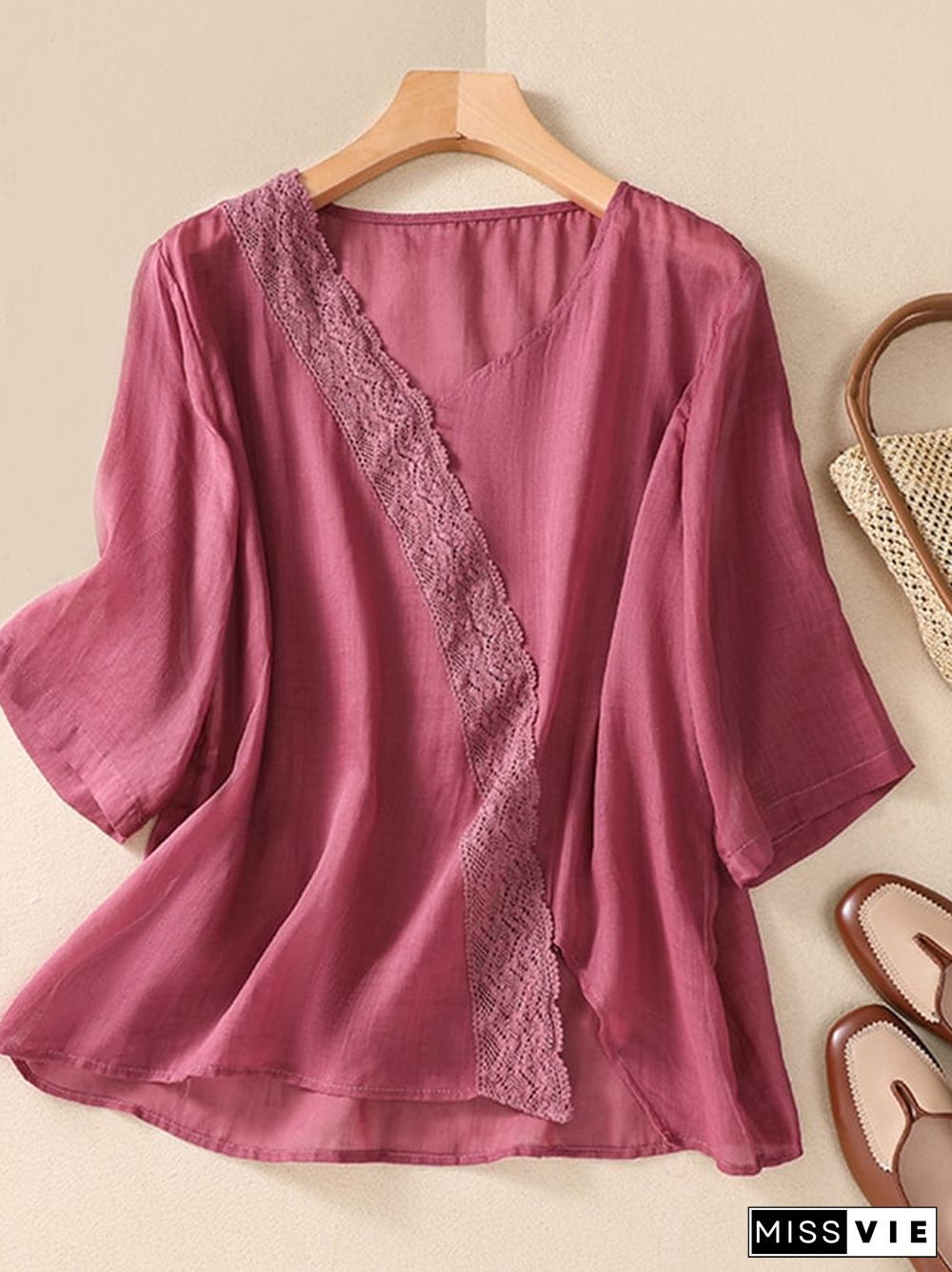 Fashion Lace V-Neck Cotton Linen Shirt