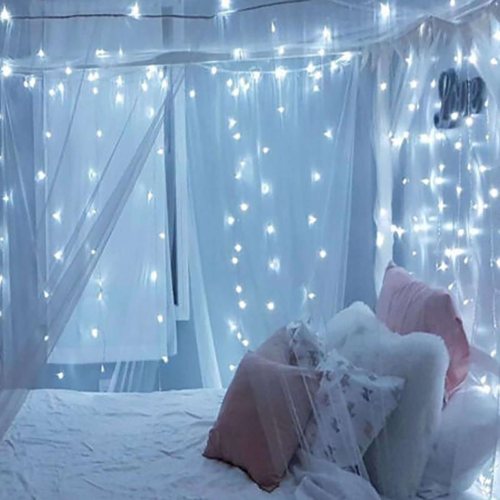 Cool White 300 LED Icicle Curtain Fairy String Lights with 8 Modes 10ft