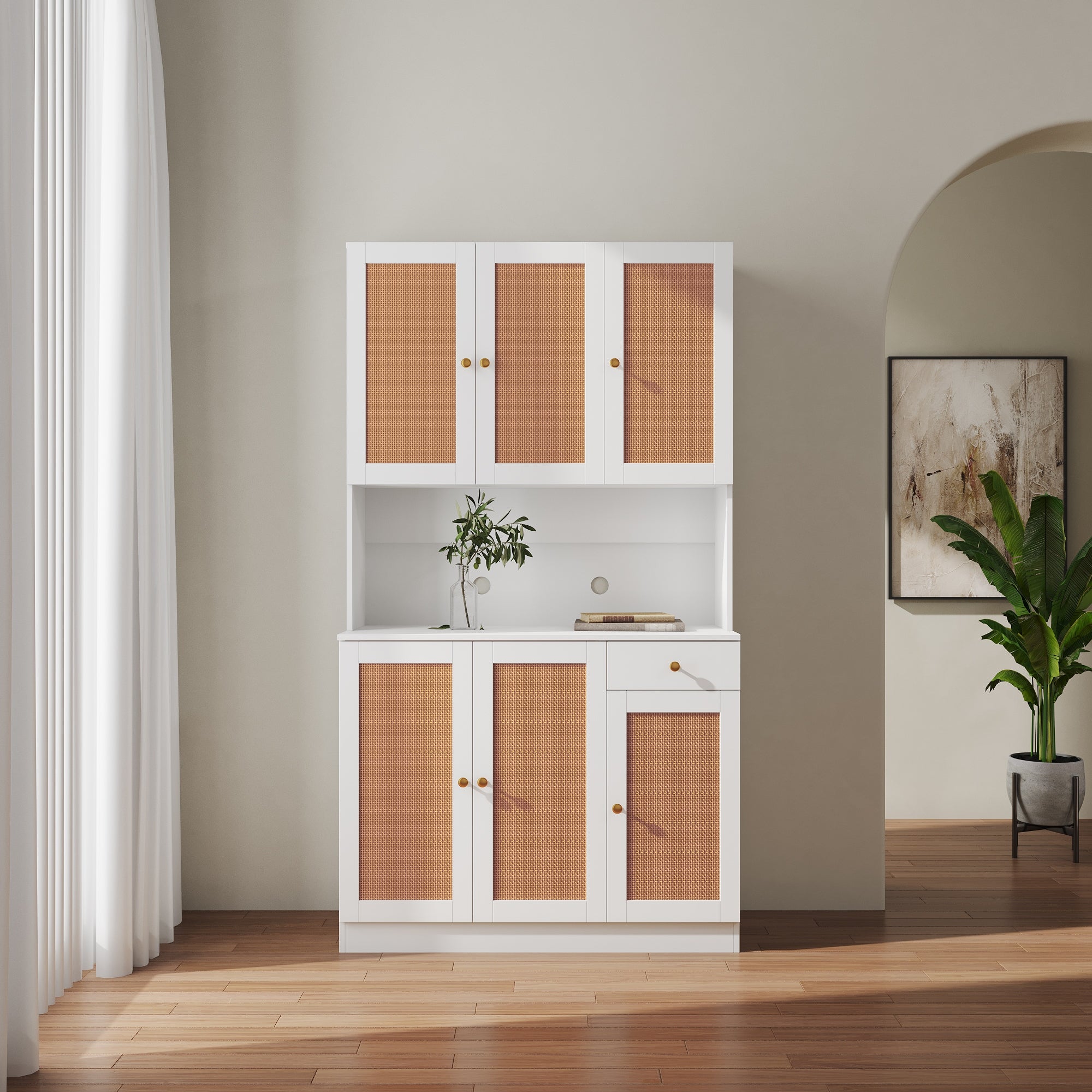 Rustic Farmhouse Tall Wardrobe， Open Compartment and Drawer， Freestanding Storage Closet Wardrobe Cabinet， White - - 37891416