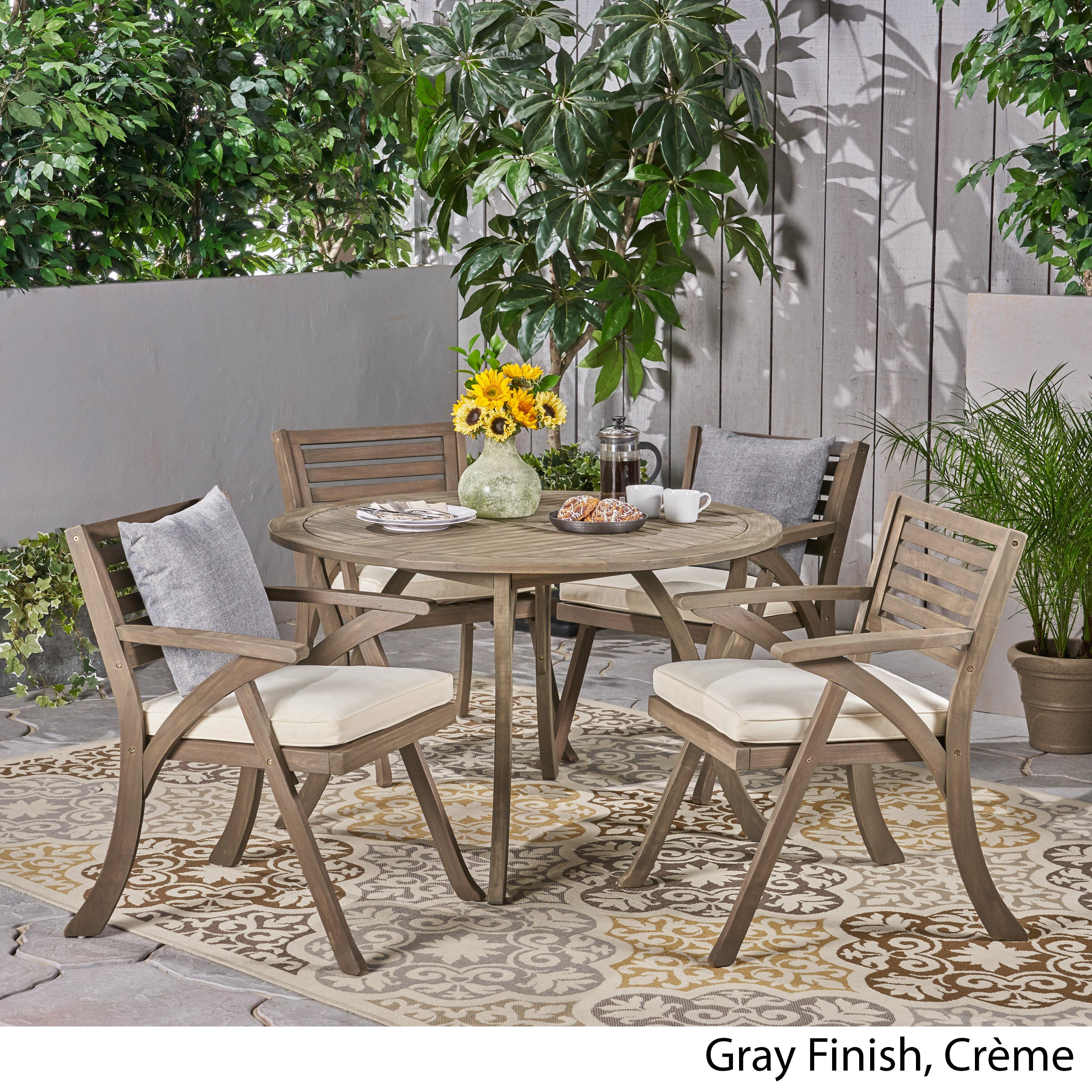 Hestia Outdoor 5 Piece Acacia Wood Dining Set with Round Table