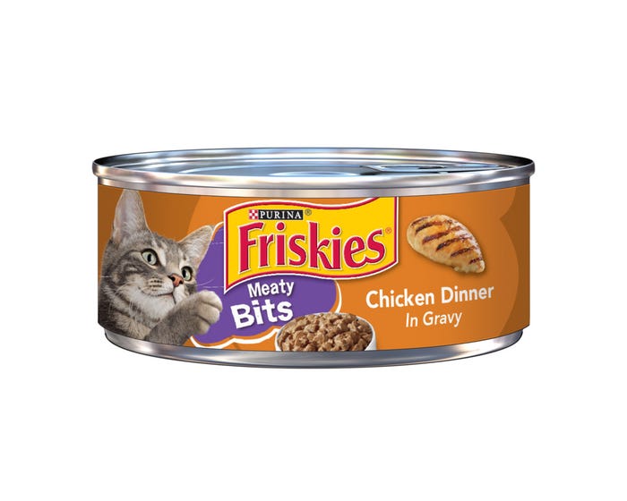 Purina Friskies Meaty Bits Chicken Dinner in Gravy Wet Cat Food， 5.5 oz. Can