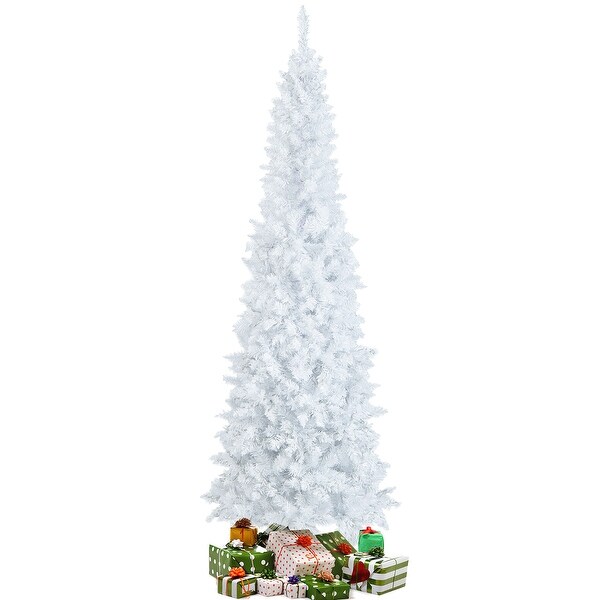 Costway 7FT PreLit Hinged Pencil Christmas Tree White w/ 300 LED