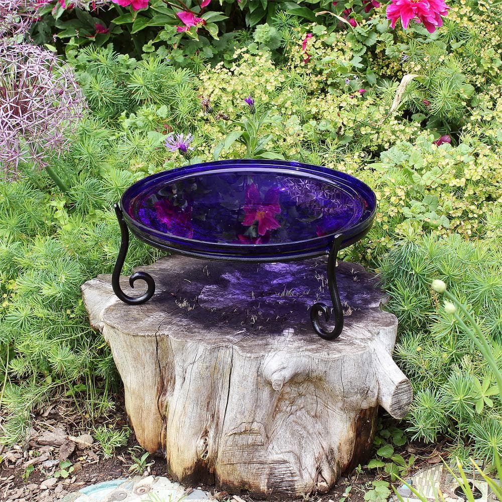 Achla Designs 14 in. Dia Cobalt Blue Reflective Crackle Glass Birdbath Bowl with Short Stand II CGB-14CB-S2