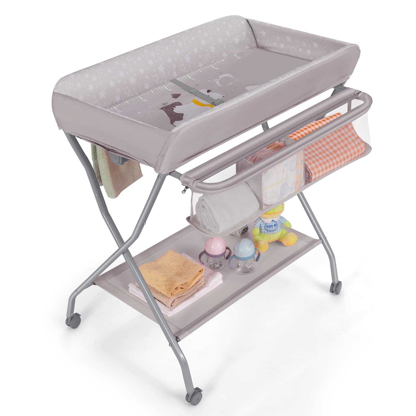 Costzon Portable Changing Table, Mobile Baby Changing Table with Wheels, Safety Belt, Large Storage Basket