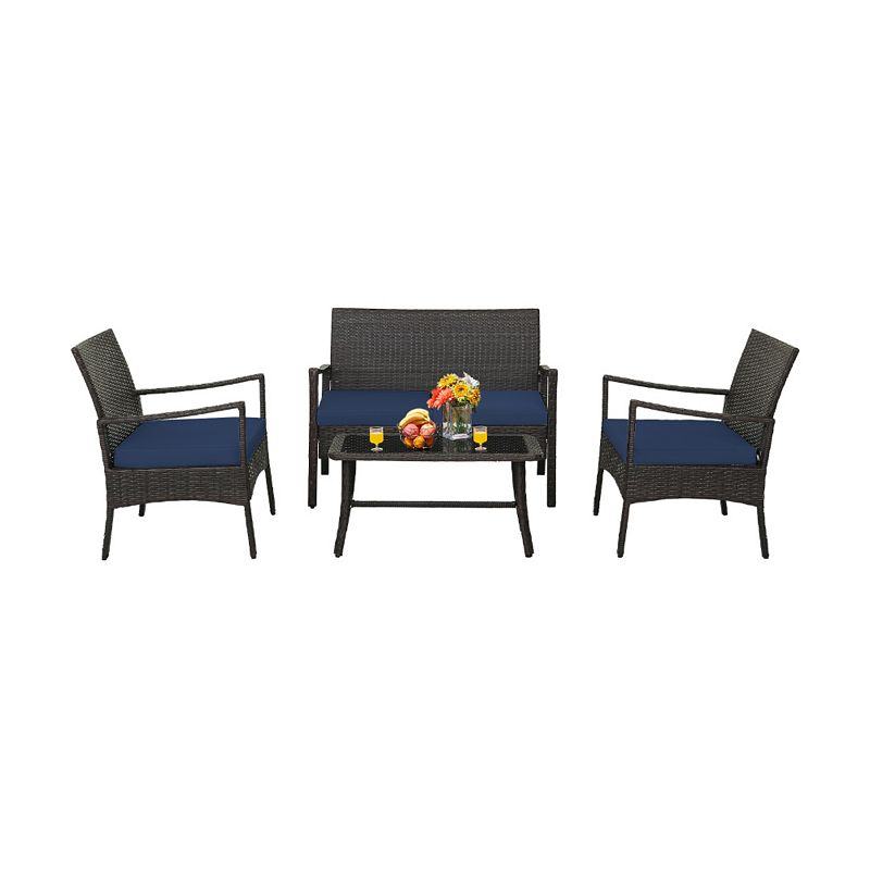 4 Pieces Outdoor Rattan Conversation Set with Tempered Glass Coffee Table