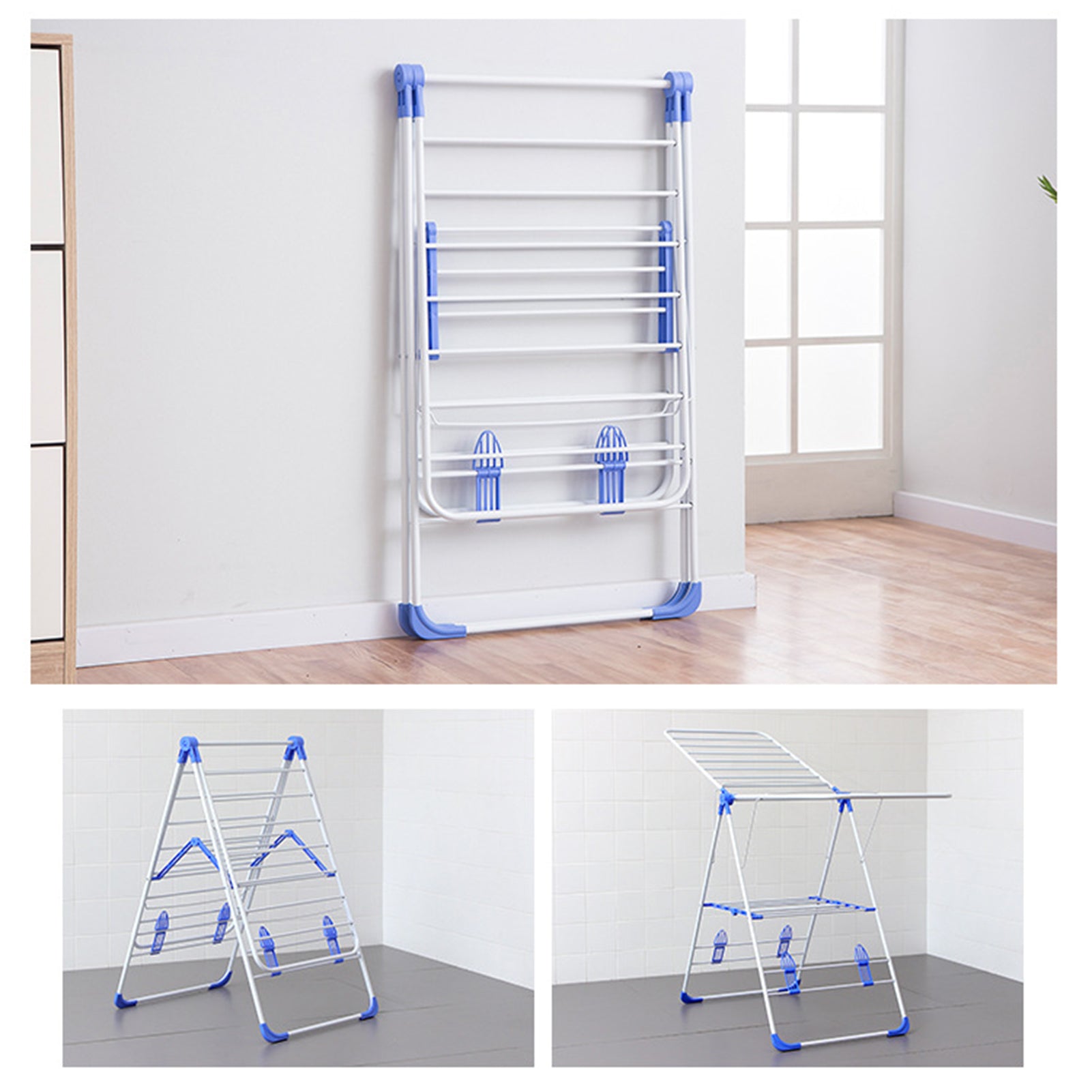 Delaman Foldable Clothes Drying Rack Metal Space-Saving Laundry Clothes Dryer Hanger Heavy Duty 2-Level Stable Indoor Airer, White & Blue