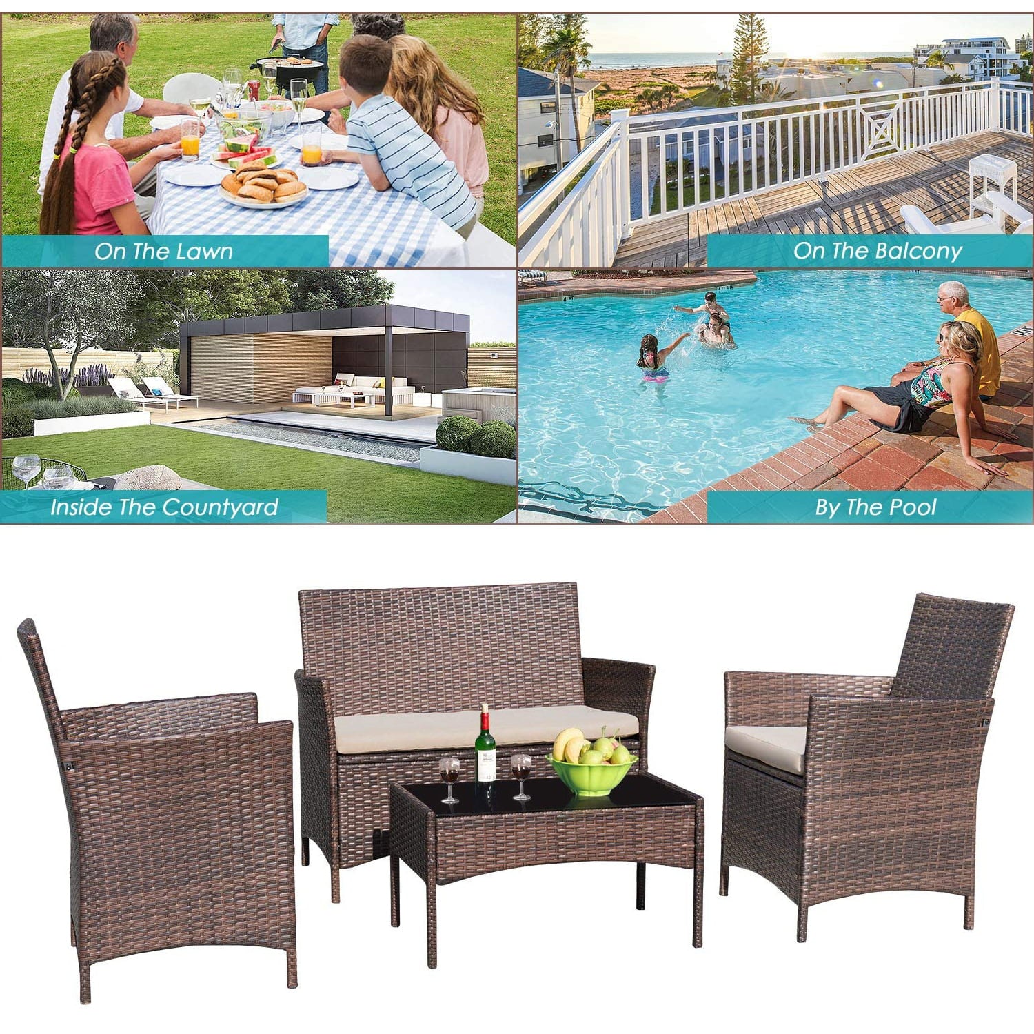 Lacoo 4 Pieces Outdoor Patio Furniture Black PE Rattan Wicker Table and Chairs Set Bars with Cushioned Tempered Glass, Beige Cushion