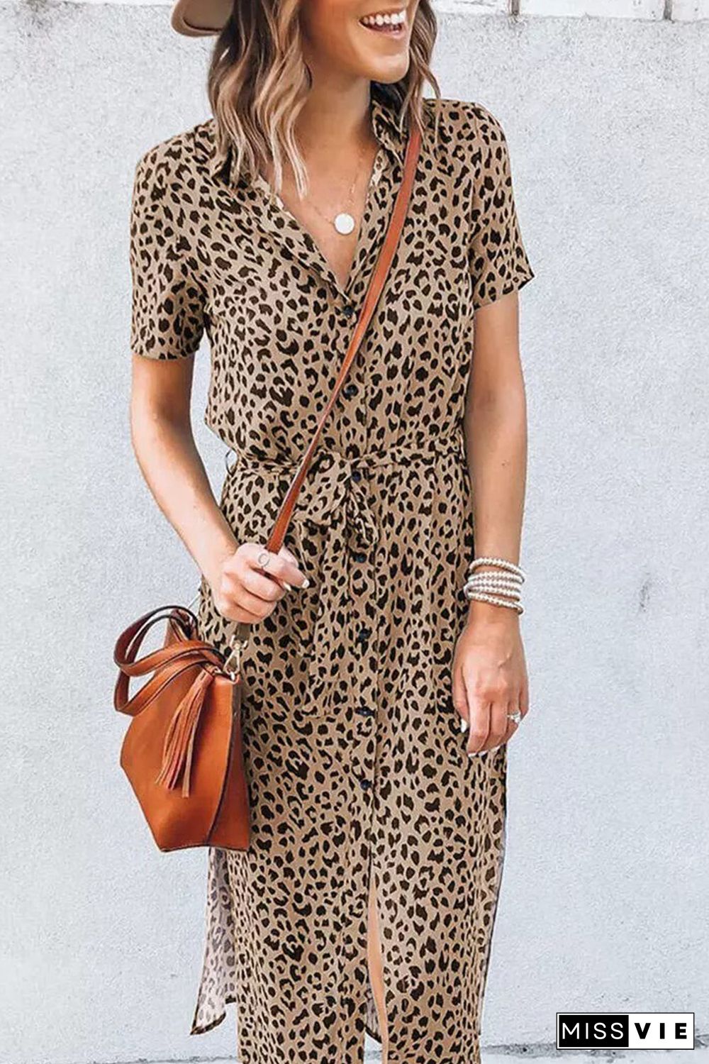 Khaki Leopard Turn-Down Collar Slit Midi Dress