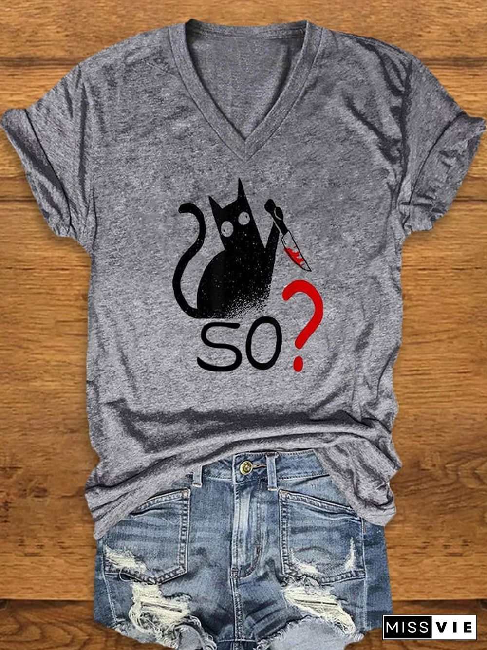 Women's Funny Cat Blood Print T-shirt