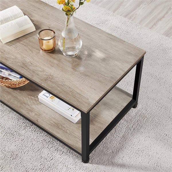 Industrial Coffee Table with Storage Shelf， Rustic Gray