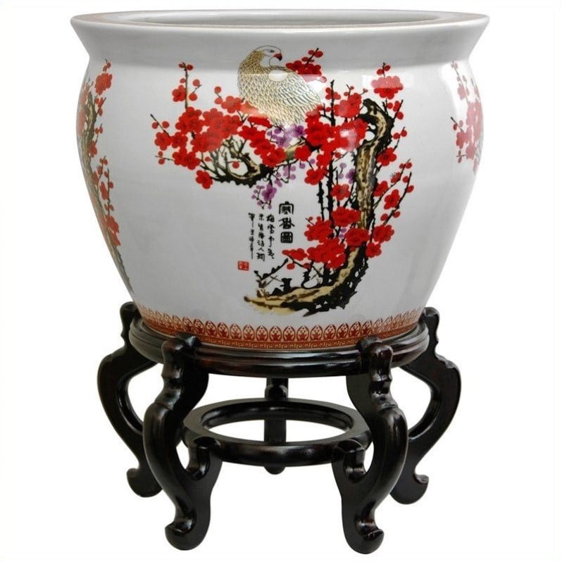 Oriental Furniture 20" Porcelain Fishbowl Cherry Blossom