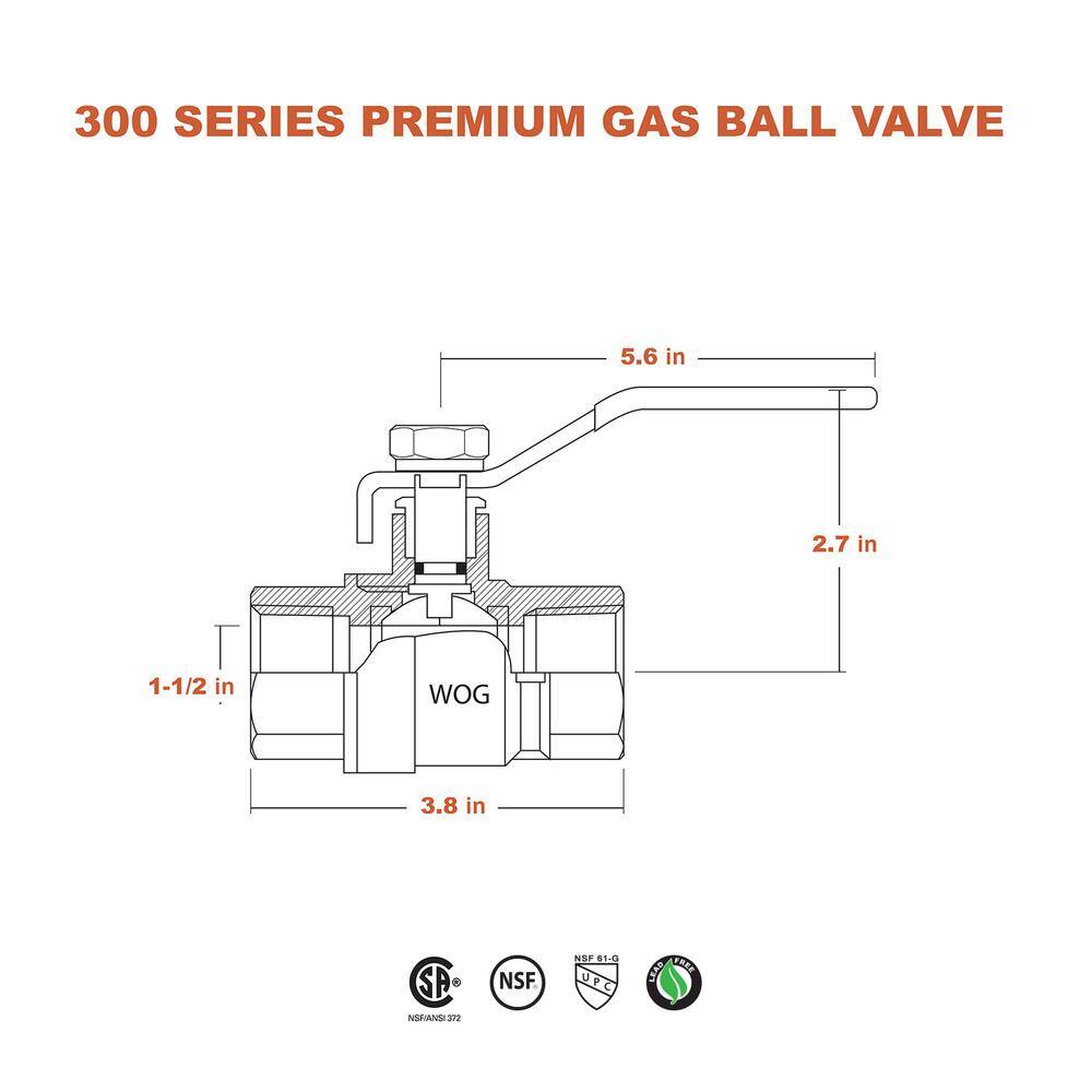 The Plumber's Choice Premium Brass Gas Ball Valve with 1-12 in. FIP Connections 334522T